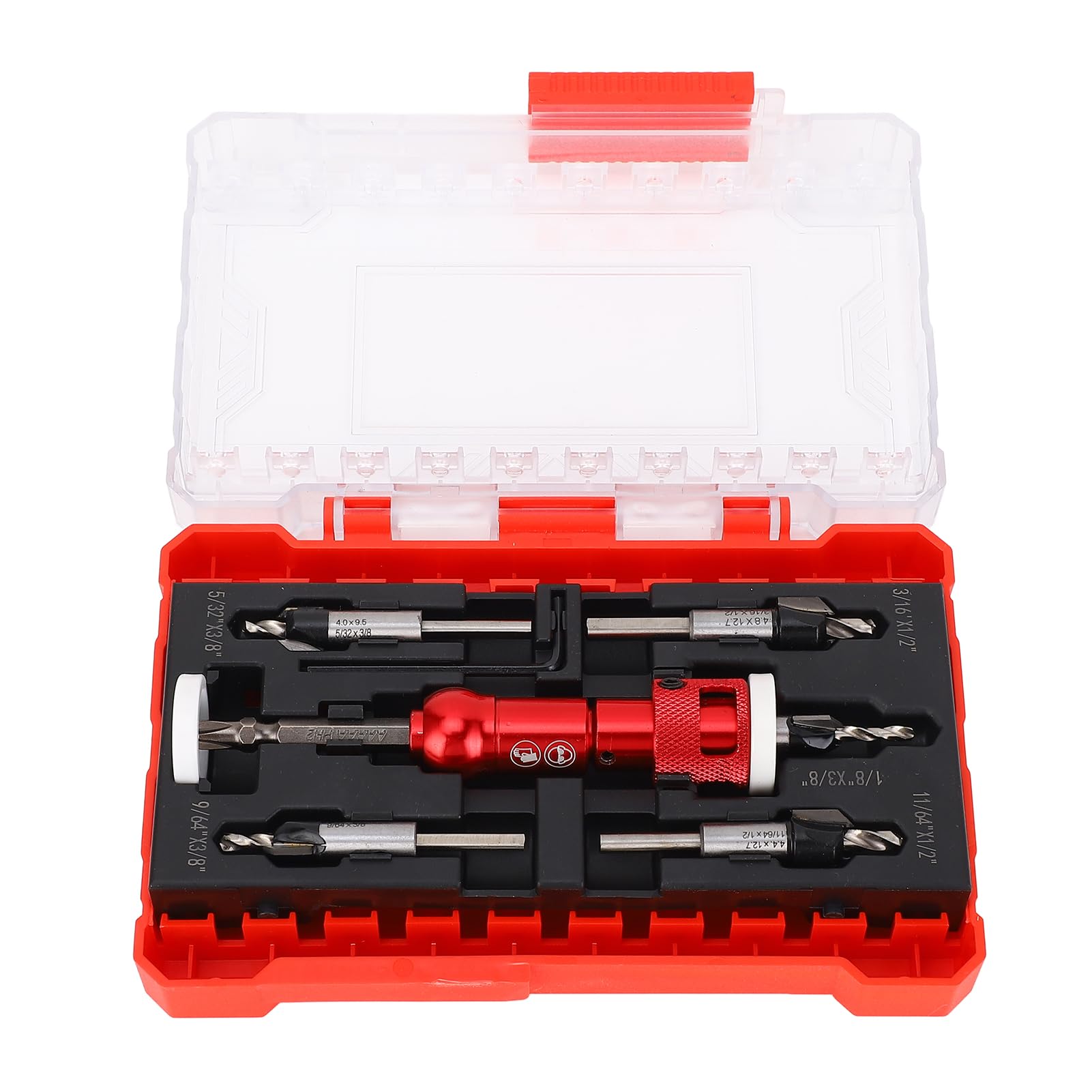 Juego de Brocas Avellanadoras para Madera, con Topes de Profundidad Ajustables y Punta de Carburo de 82 Grados, Incluye 5 Brocas HSS M2 Cónicas con Vástago Hexagonal de Liberación