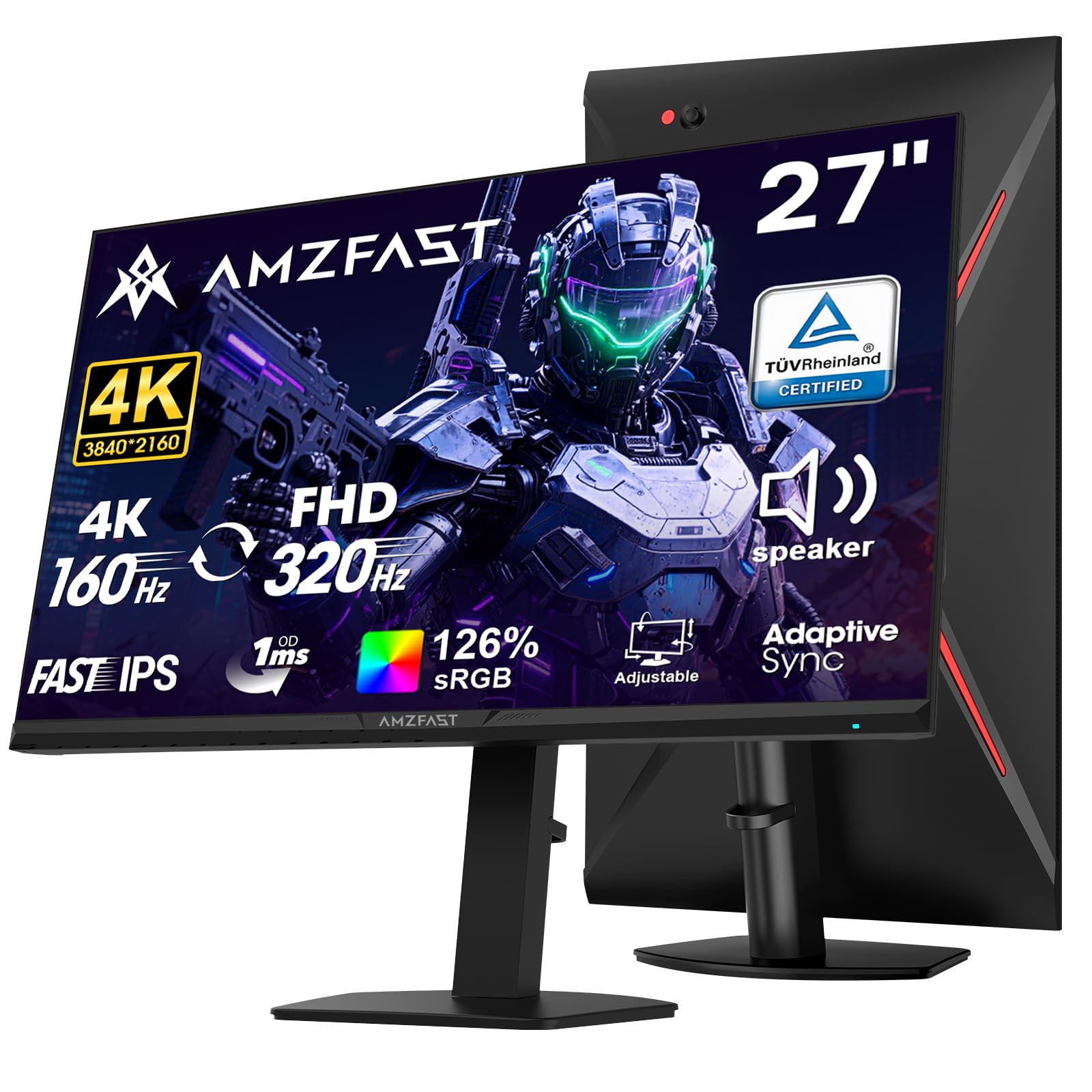 Amzfast 27’‘ 4K Gaming Monitor HDR 400, UHD 160Hz 144Hz | FHD 320Hz 300Hz Dual Mode PC Monitor, Built-in Speakers 1ms Fast IPS, 126% sRGB PIP/PBP, HDMI 2.1 x 2 &amp; DP 1.4 x 2, Height Adjustment, VESA