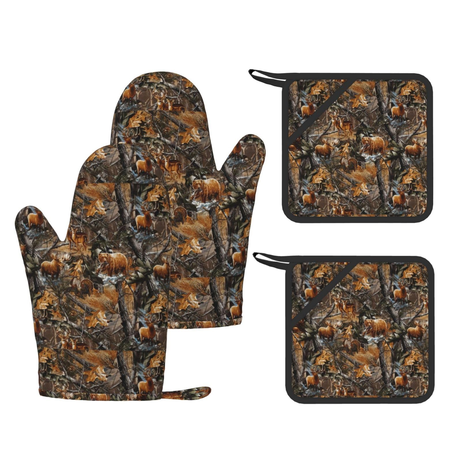 Hunting Deer Bear Moose Printed Cooking Mitts and Pot Holders 4 Pcs, Heat Resistant Oven Gloves with Hanging Loop Chef