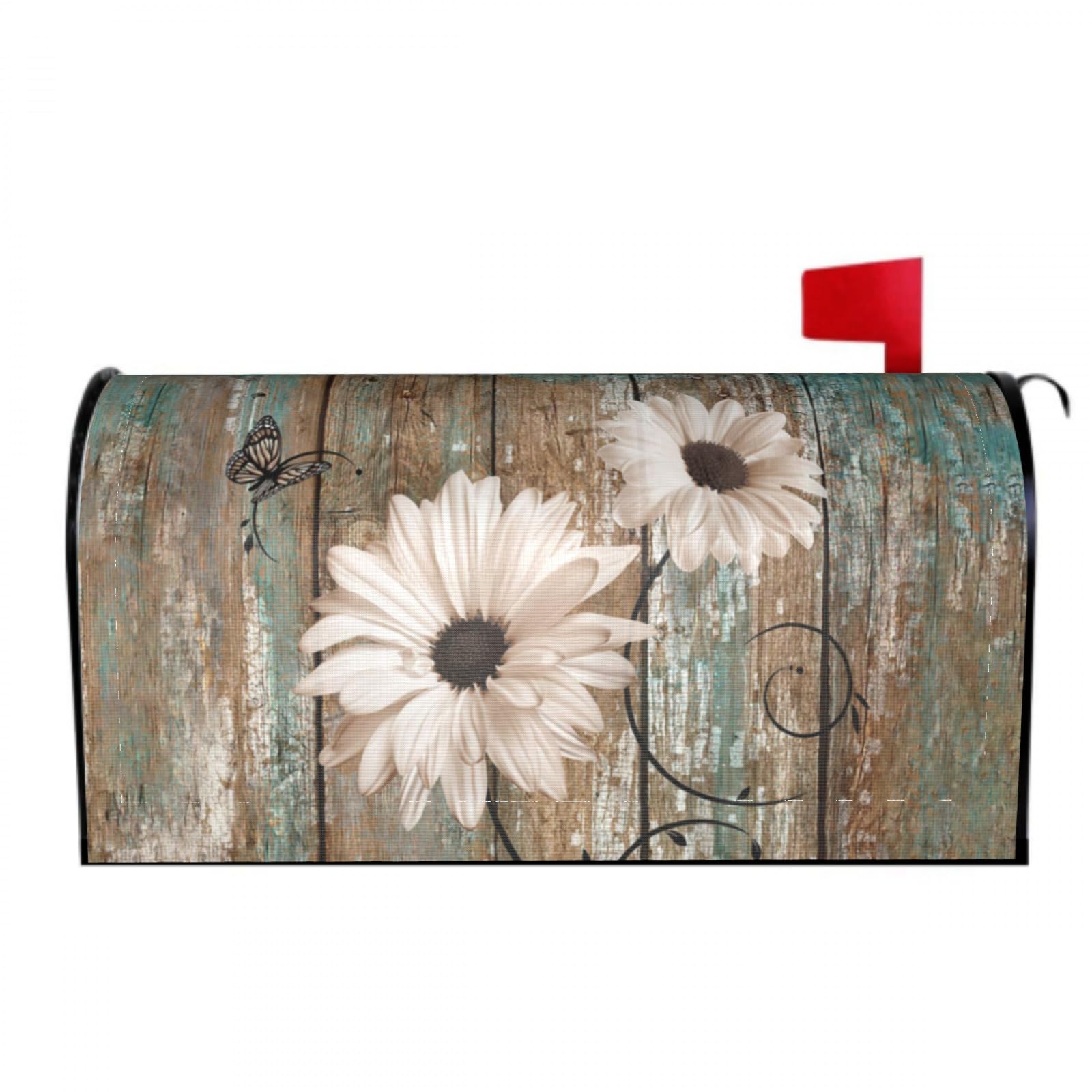 Evlaschin Rustic Daisy Board Mailbox Cover Magnetic, White Sunflowers Vintage Wood Grain Plank Mailbox Wrap Letter Post Box Cover for Yard Garden Outside Home Decor, Standard Size 21x18 Inch