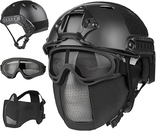 Miniatura 1 de Casco de Airsoft, casco táctico negro, malla de máscara de Airsoft, máscara de pasamontañas elástica, gafas antivaho Airsoft, protección táctica