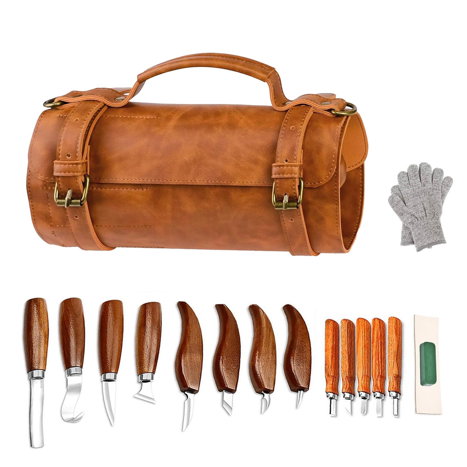 Juego de 17 piezas para tallar madera con funda de piel, juego de cuchillos para tallar para principiantes y profesionales, cuchillo para tallar y tallar madera, herramienta completa para tallar