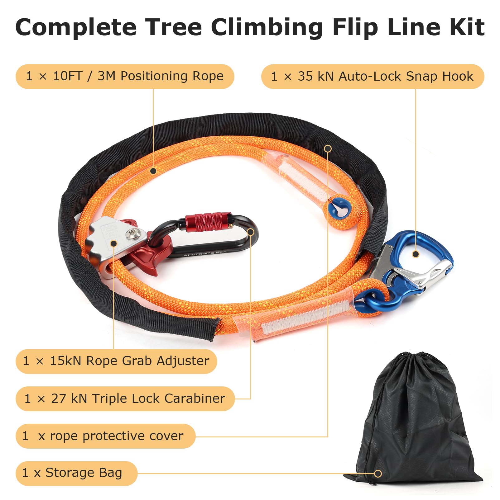Kit Longe d’Élagage 3m 12mm, Longe de Positionnement Ajustable