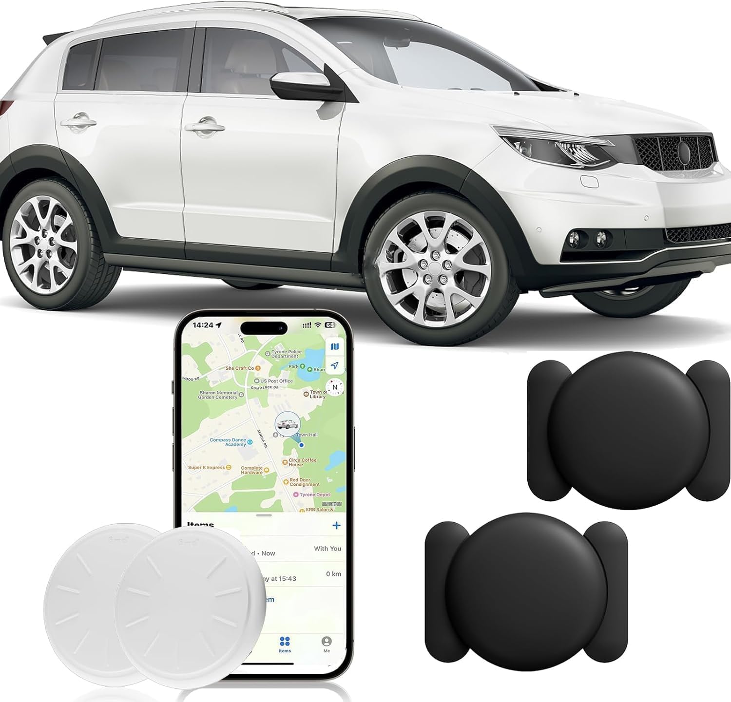 Car GPS Tracking Device for Vehicles, 2PCS Real Time GPS Tracker for Car Work with Find My (iOS Only),No Monthly Fee (White Tracker, Black Magnetic Case)
