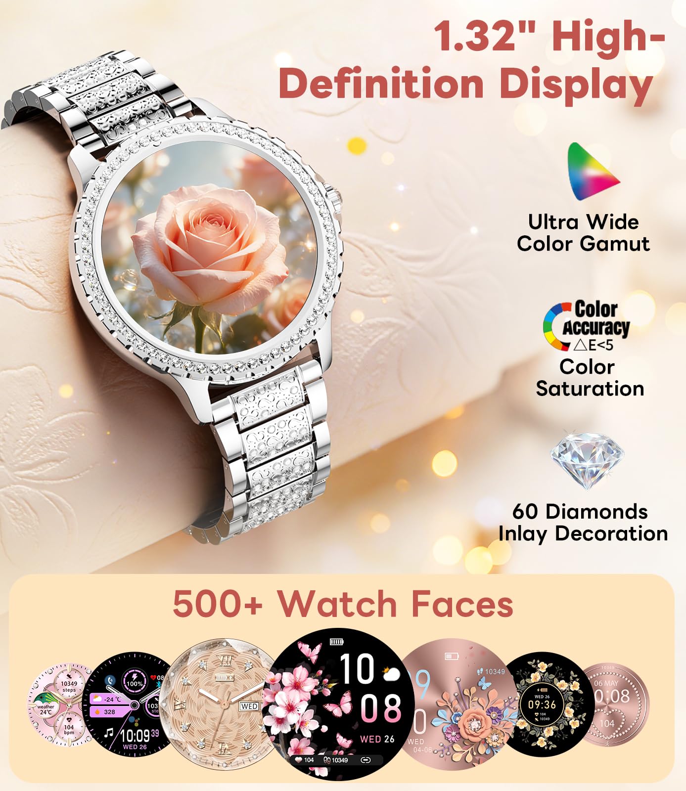 LIGE Damski smartwatch z połączeniem Bluetooth, 1,32" Diamentowy Smartwatch, Monitor snu, Cykl menstruacyjny, krokomierz, 500+ Inteligentny zegarek na Androida iOS, srebrna stal nierdzewna