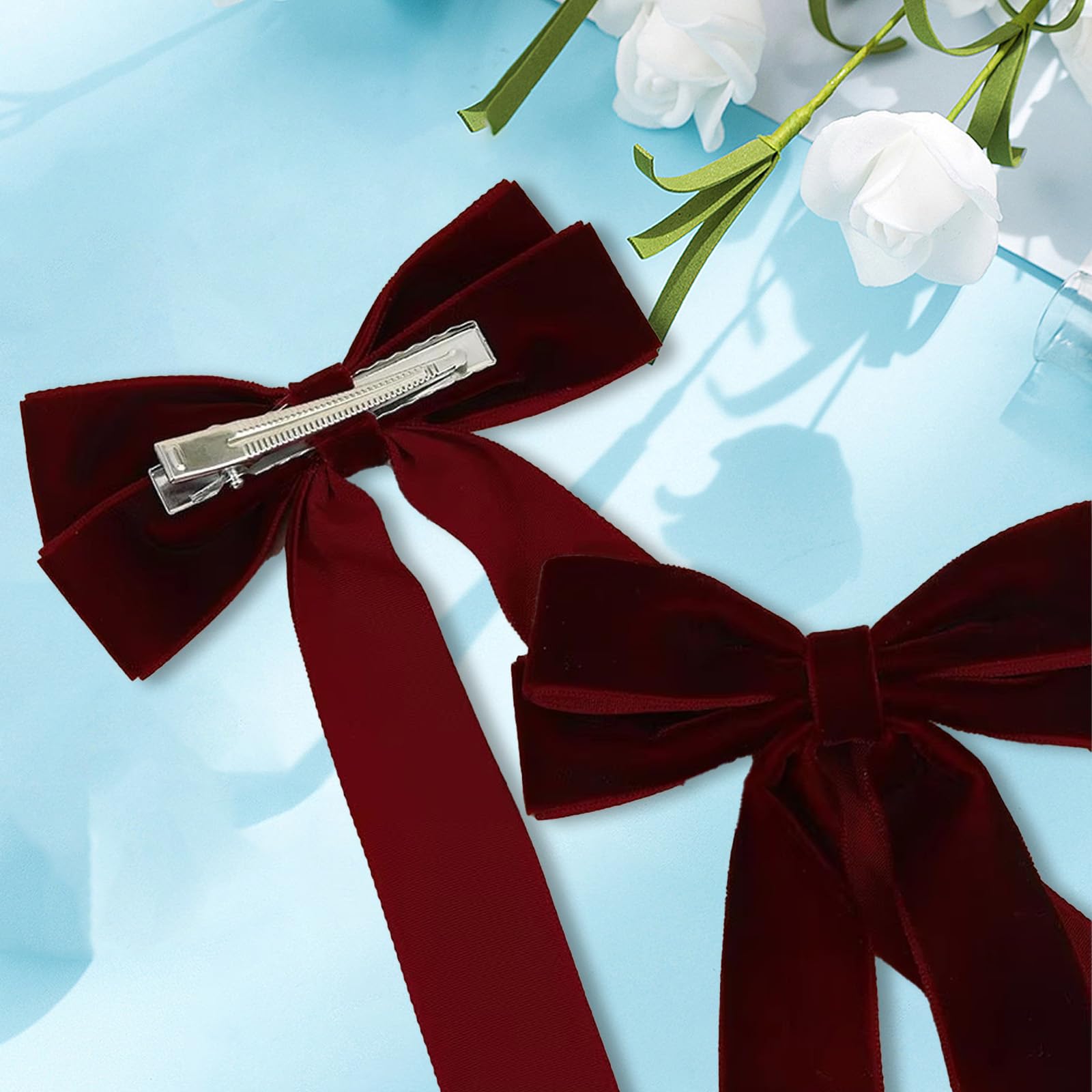2Pcs Red Hair Bow, Burgundy Velvet Hair Bow for women Solid Color Bowknot Clips for Girl Accessories Christmas Bows - Image 3