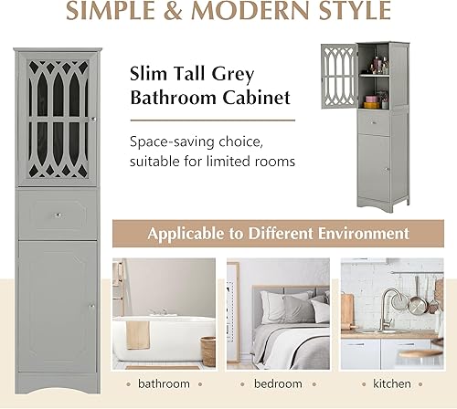 Miniatura 7 de Armario de almacenamiento alto para baño, gabinete de esquina con puertas y estante ajustable, tablero MDF con acabado pintado, blanco