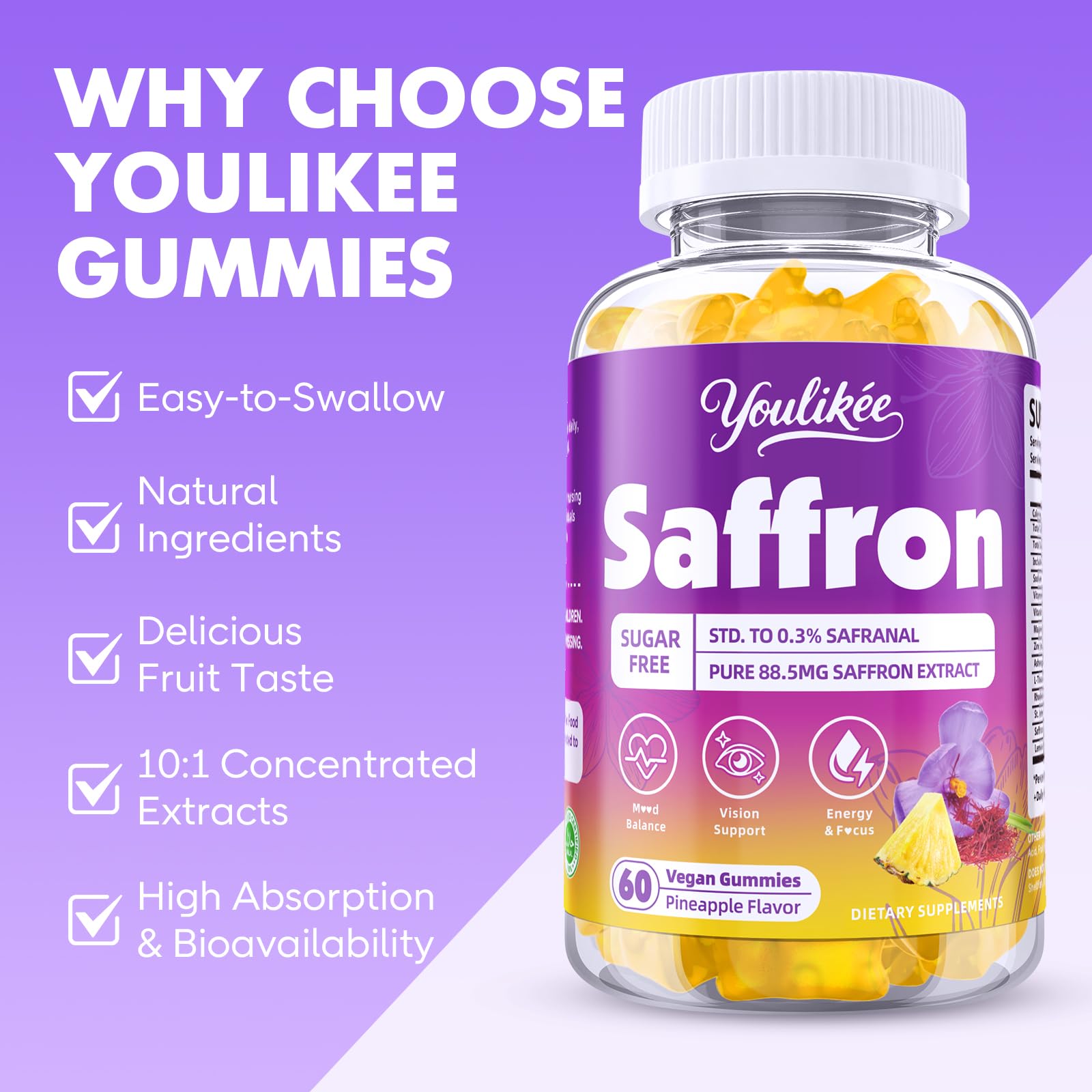 Saffron Gummies 88.5mg, Pineapple Flavor, 60 Count — Amazon image 4