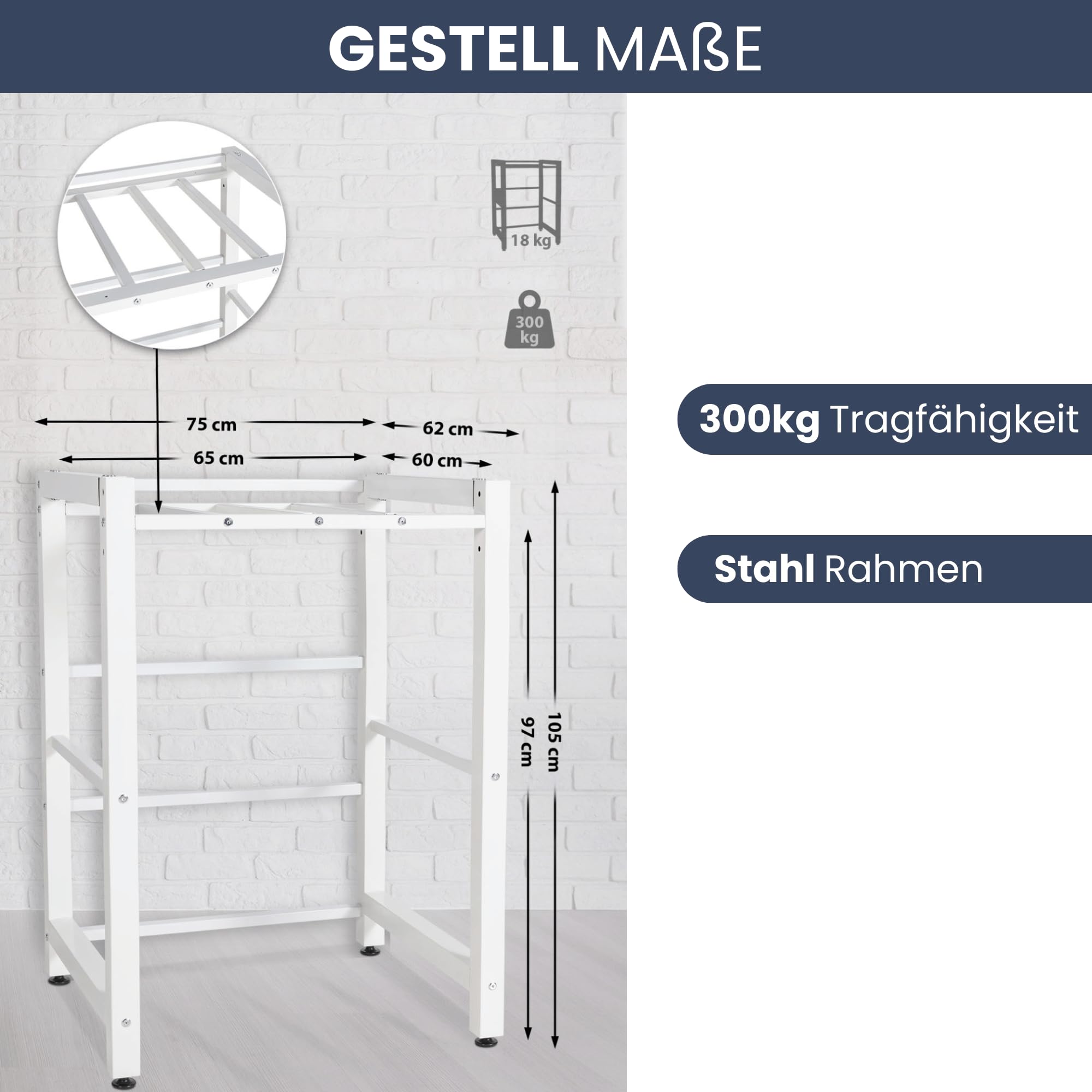 DELUKE Waschmaschinengestell KAMED Stahl 105x75x62cm Universal Weiß