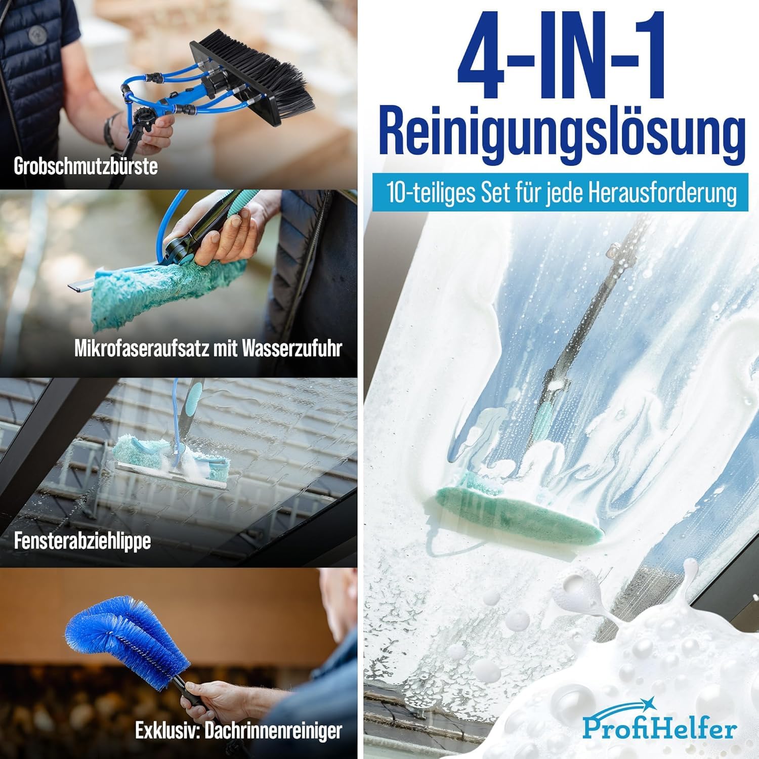 4,6m Teleskop Waschbürste - Teleskopstiel ausziehbar [4-in-1 10-TLG.] Reinigungsset Teleskopstange Fensterreinigung Wintergarten Wasseranschluss PV Anlage Reinigung
