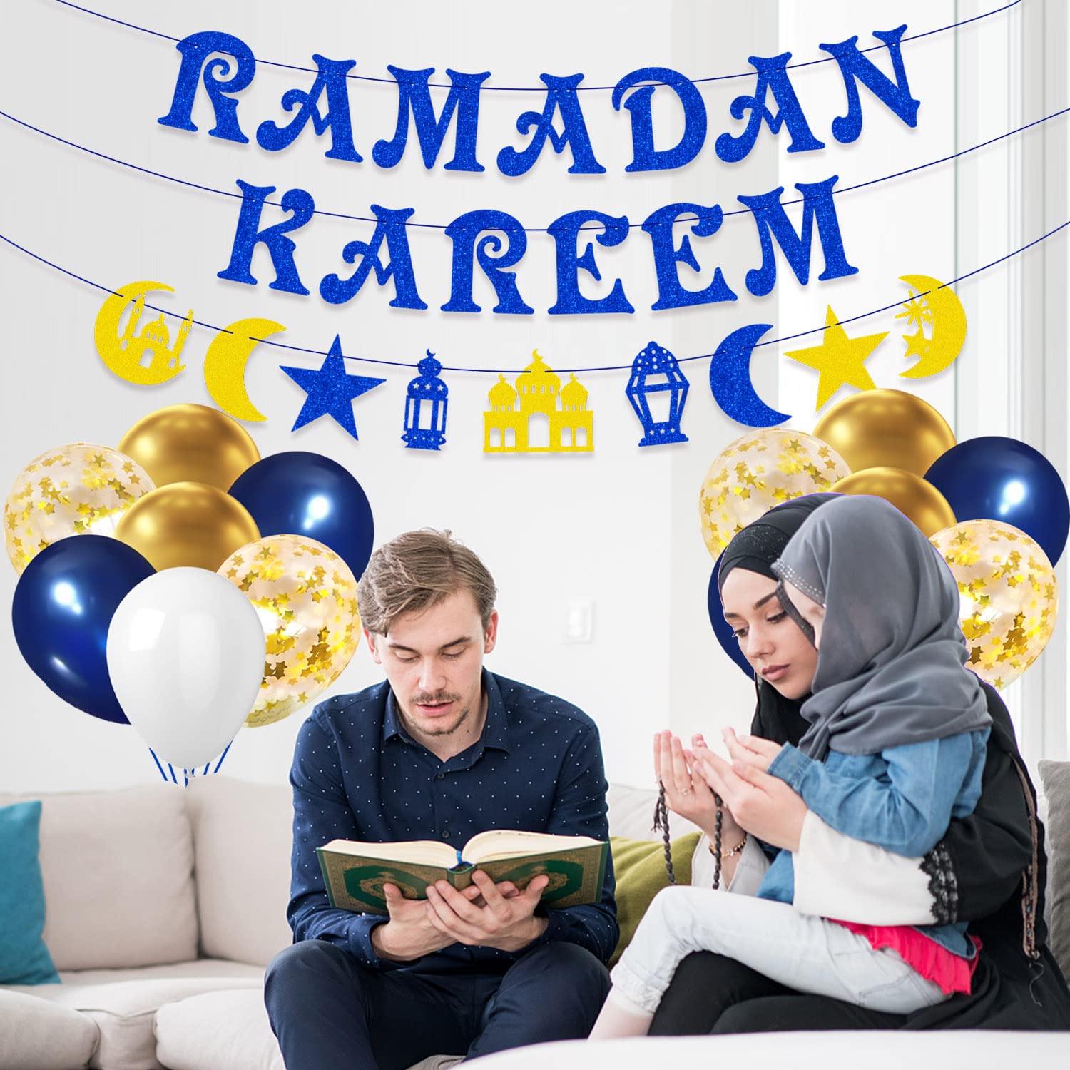 Décoration Ramadan 2025 - Bannière Eid Mubarak Avec 14 Ballons Lune Étoile - Fête Musulmane