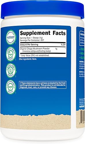 Miniatura 5 de Nutricost Polvo de hongo Chaga 100% orgánico, 8 onzas (227 porciones), certificado orgánico USDA, sin gluten y sin OMG