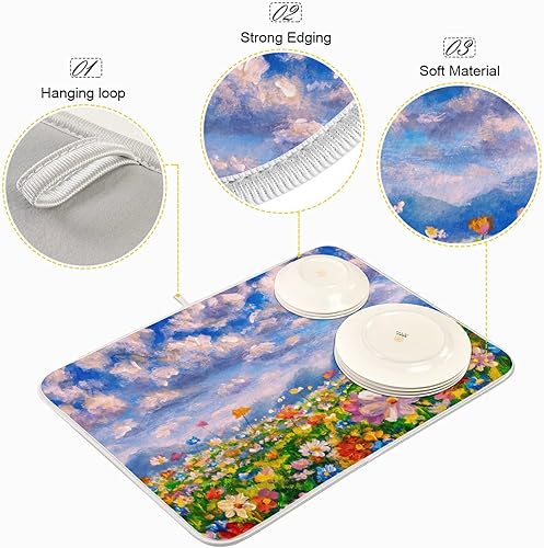 Vista 108 de Tapete de secado de platos de flores de fondo negro para encimera de cocina de 18 x 24 pulgadas, tapete de microfibra absorbente, tapete de secado