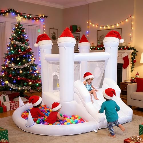 Miniatura 6 de Casa de rebote blanca con soplador, piscina de bolas, castillo inflable familiar para patio, eventos, fiestas, bodas, regalos para niños (10 pies de
