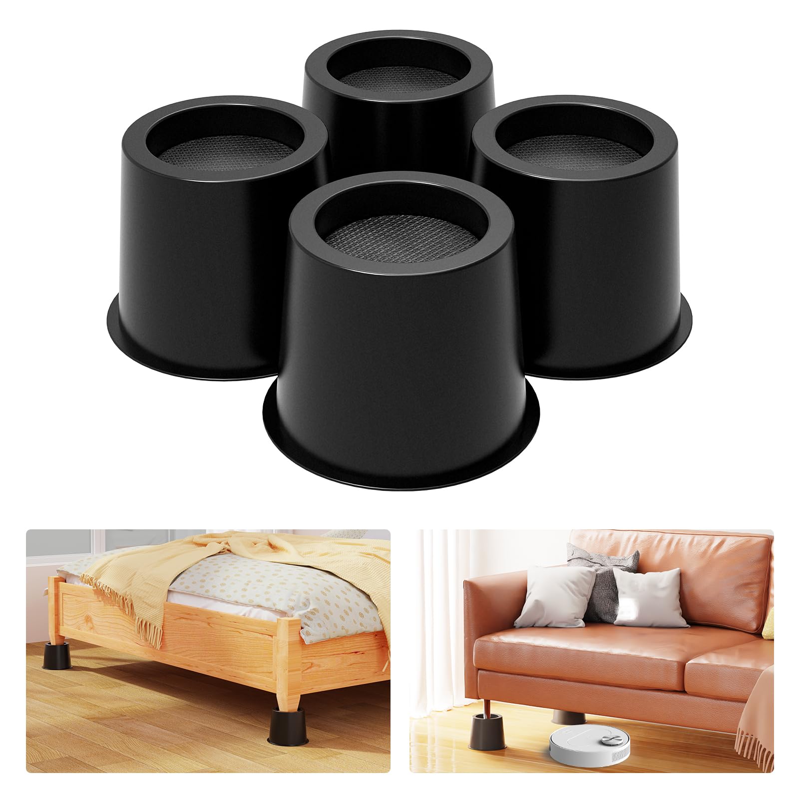 Elevadores de cama de 4 pulgadas, resistentes, ajustables para cama, sofá, mesa, silla, soporta hasta 1500 libras (juego de 4, negro)