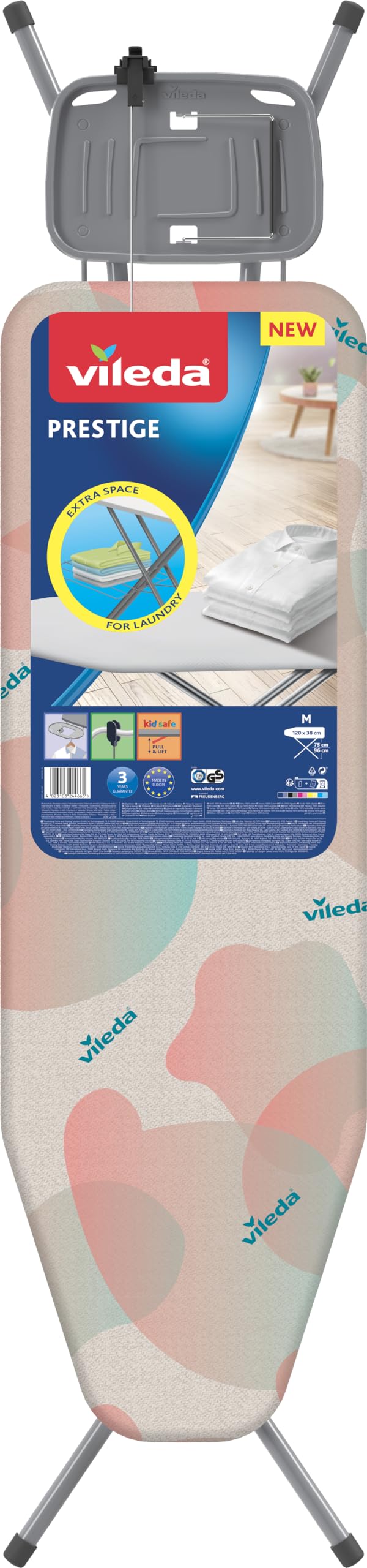 Vileda Prestige | Asse da stiro con poggiaferro con archetto reversibile | Copriasse da stiro in cotone | Trasporto sicuro | Griglia portabiancheria