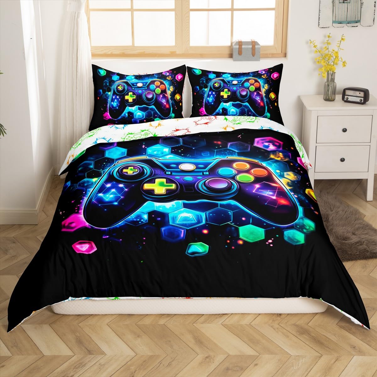 Parure de lit motif géométrique nid d'abeille bleu housse de couette grand lit et 2 taies