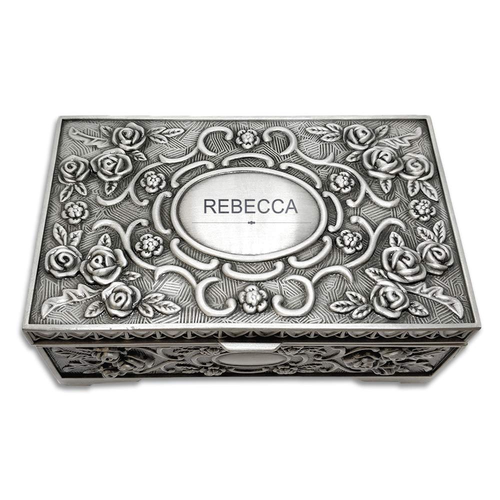 Edsg Women's Black,Silver Personalised Jewellery Box For Engraved Trinket Box For Girls Mothers Day Gift Vintage Jewellery Case For Valentines Wedding Birthday Anniversary Christmas (Name)