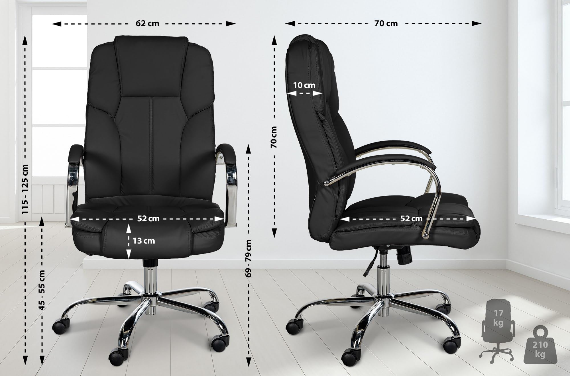 CLP Ergonomischer Bürostuhl Big Xanthos I XXL Komfort Mit Wippfunktion Und Armlehnen I Verstellbar Mit Kunstleder-Bezug, Belastbar bis 210 kg, Farbe:schwarz