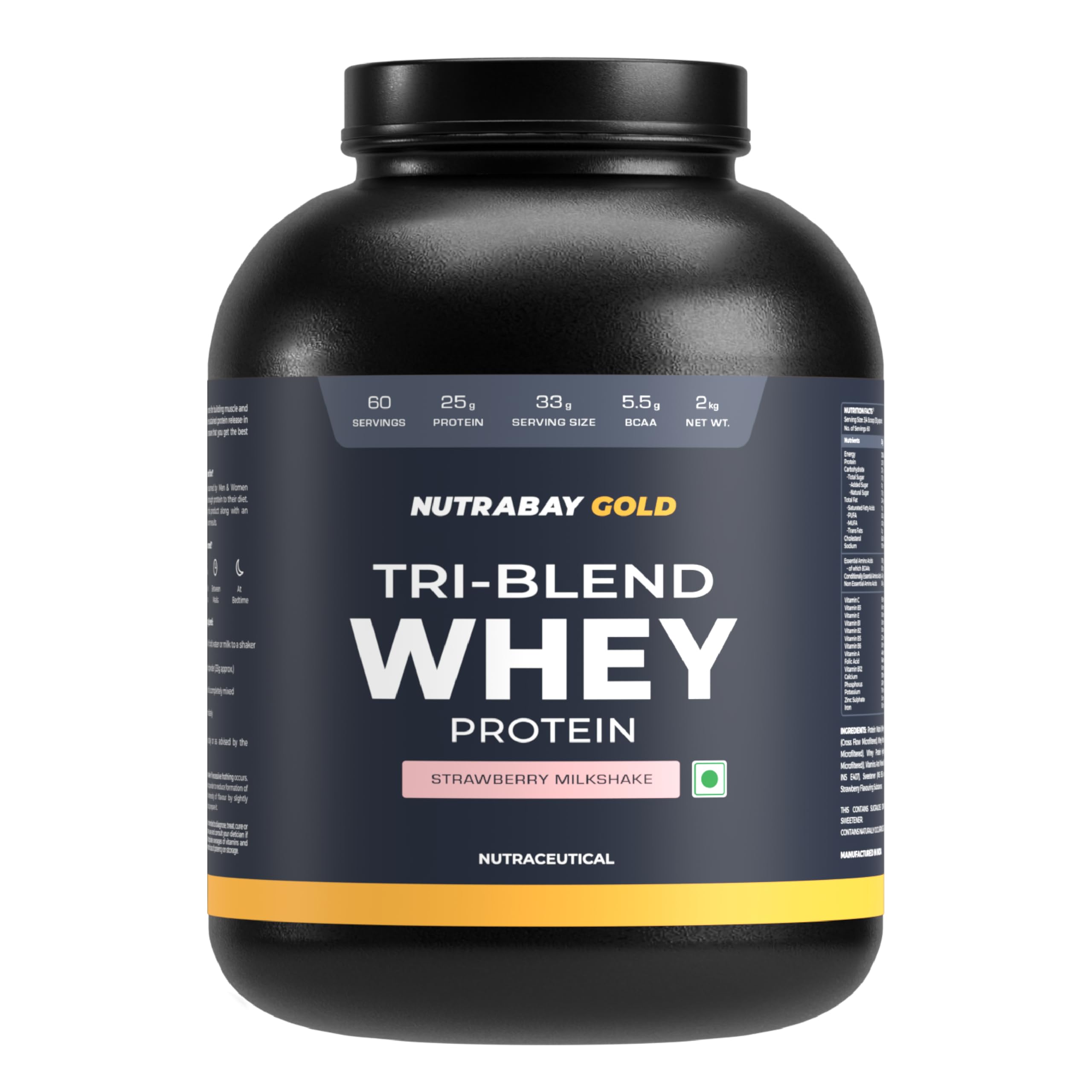 Nutrabay Gold Tri Blend Whey Protein Powder - 2kg, Strawberry Milkshake | 25g Protein, 5.5g BCAA | Concentrate, Isolate, Hydrolyzed Protein | Muscle Growth & Recovery | Gym Supplement for Men & Women