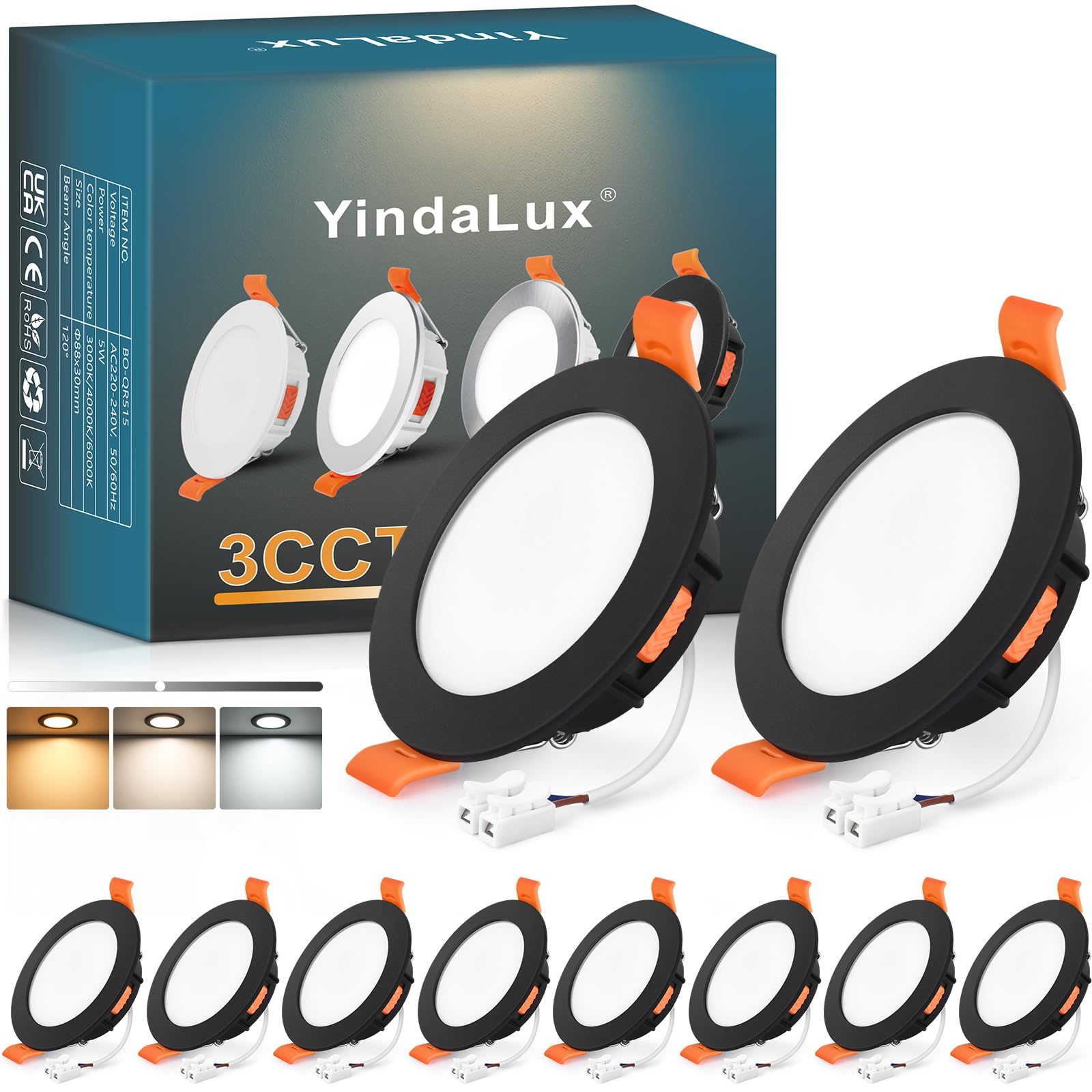 YindaLux Einbaustrahler LED Einbaustrahler 230V Dimmbar 5W 550LM Deckenspots Schwarz Flach LED Spots 230V 68mm IP44 Bad Einbauleuchten Einbauspots Warmweiß Neutralweiß Kaltweiß 10er Set