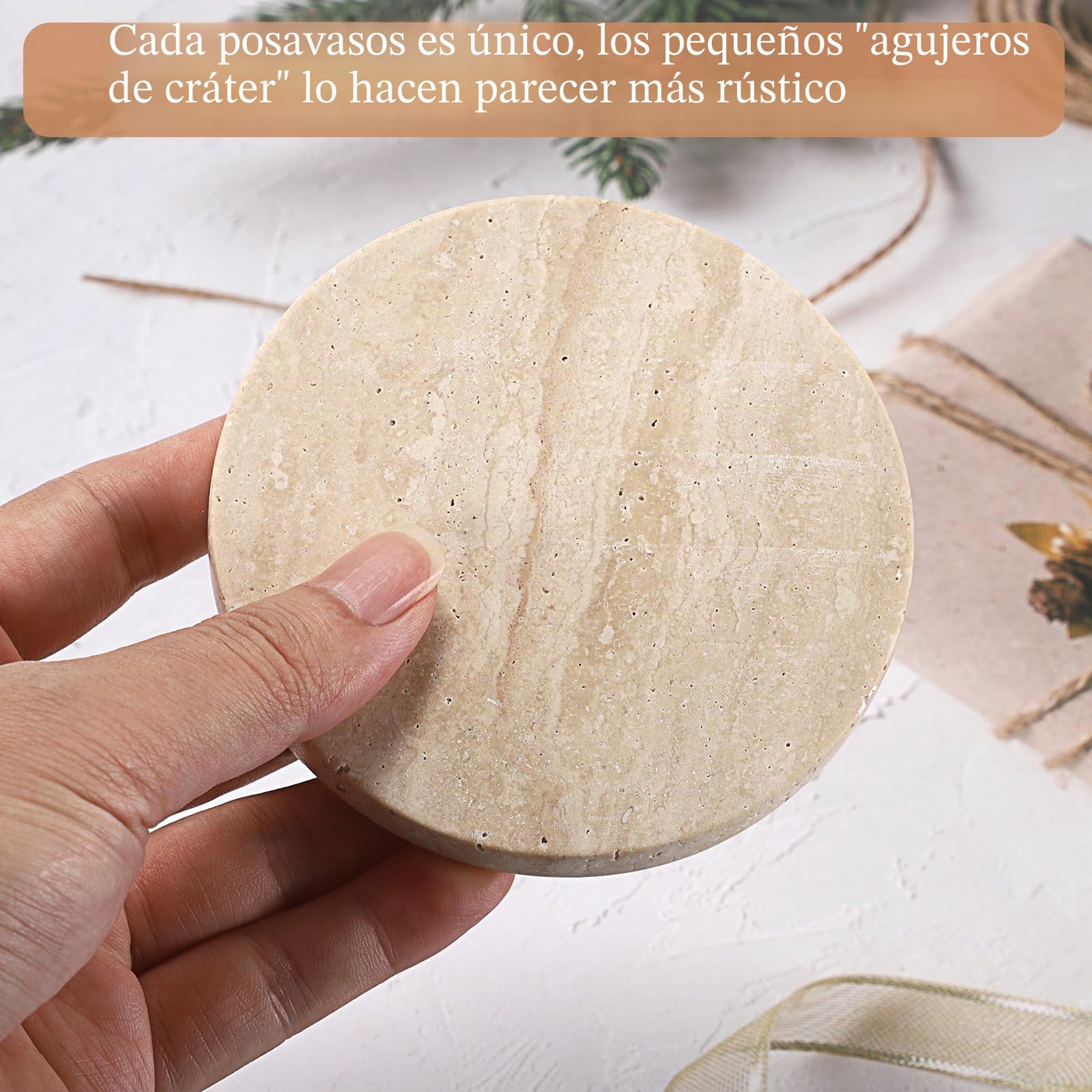 4 posavasos hexagonales de travertino de 10 x 10 cm con almohadillas de madera suave, posavasos de travertino de mármol beige natural, posavasos de piedra de travertino para bebidas, café