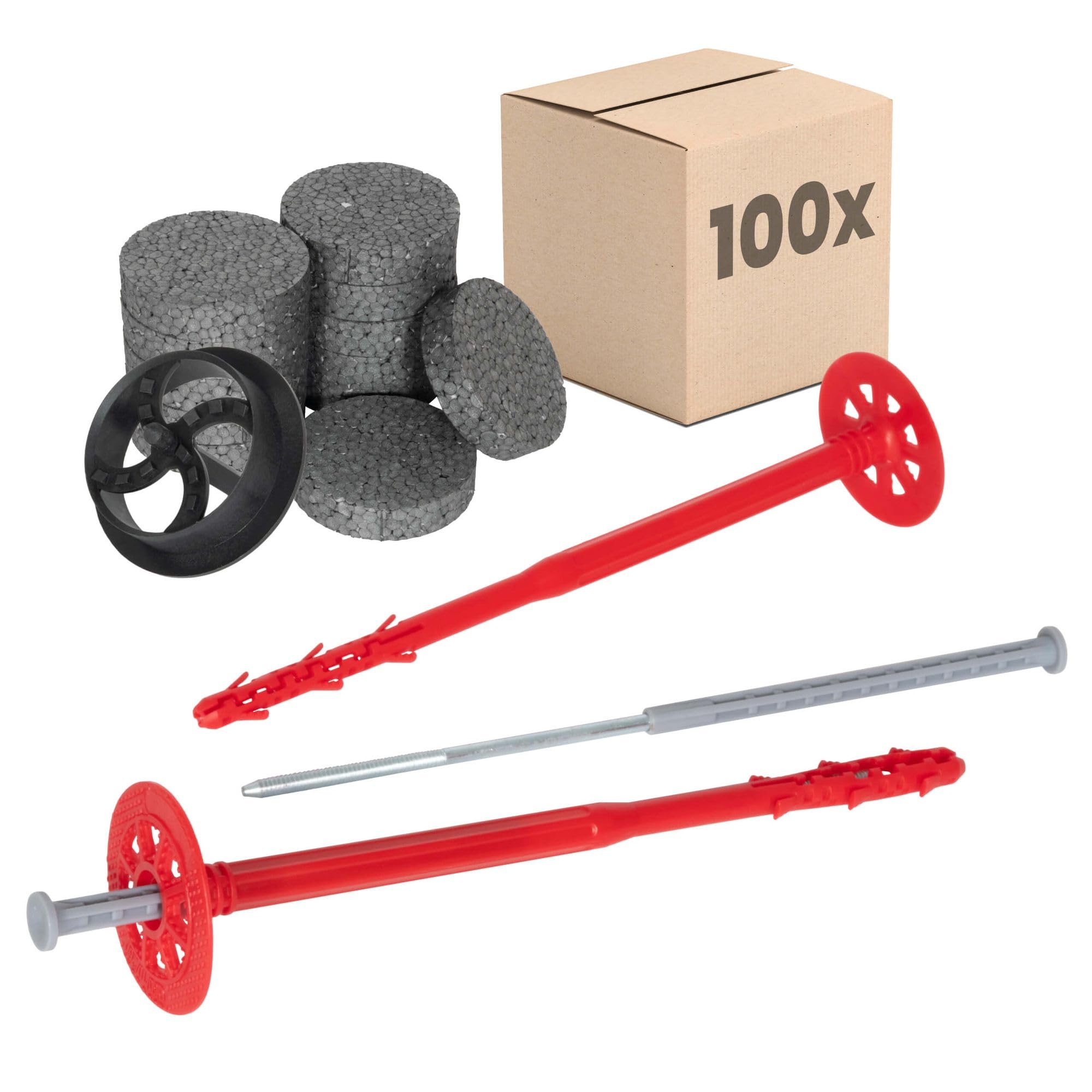 PROTEKTOR 100x Dämmstoffdübel Set Ø10x300mm inkl. Rondelle, Fräser & Stahlnagel für WDVS Außenisolierung, ETA-zertifizierte Schlagdübel Fassadendübel Tellerdübel aller Nutzungskategorien