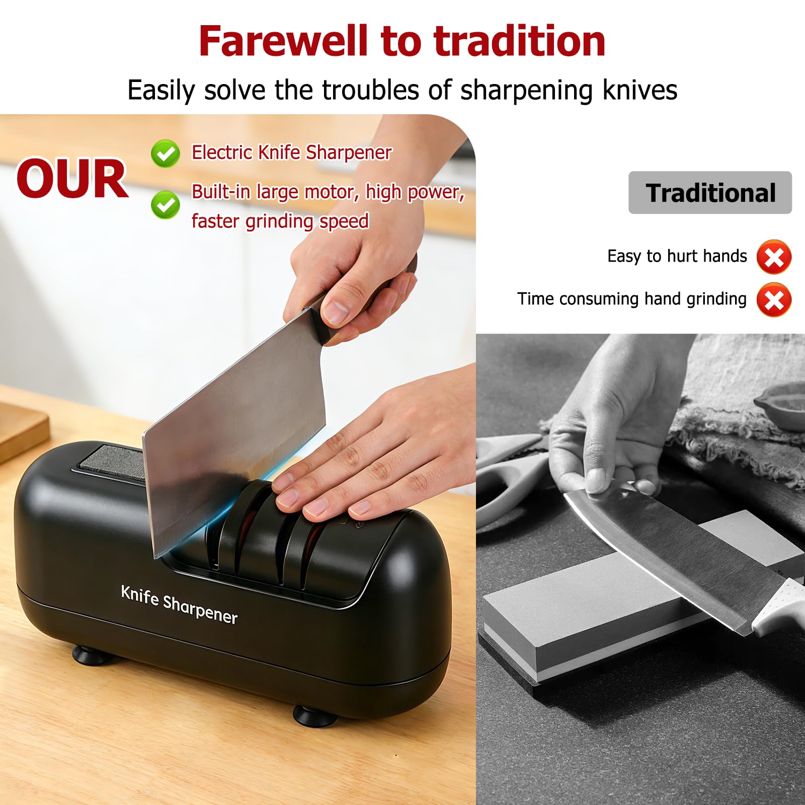 afilador cuchillos electrico, afilador de cuchillos profesional, afilador eléctrico, electric knife sharpener, adecuado para cuchillos de doble bisel y dentados, poco ruido, fácil usar - Black