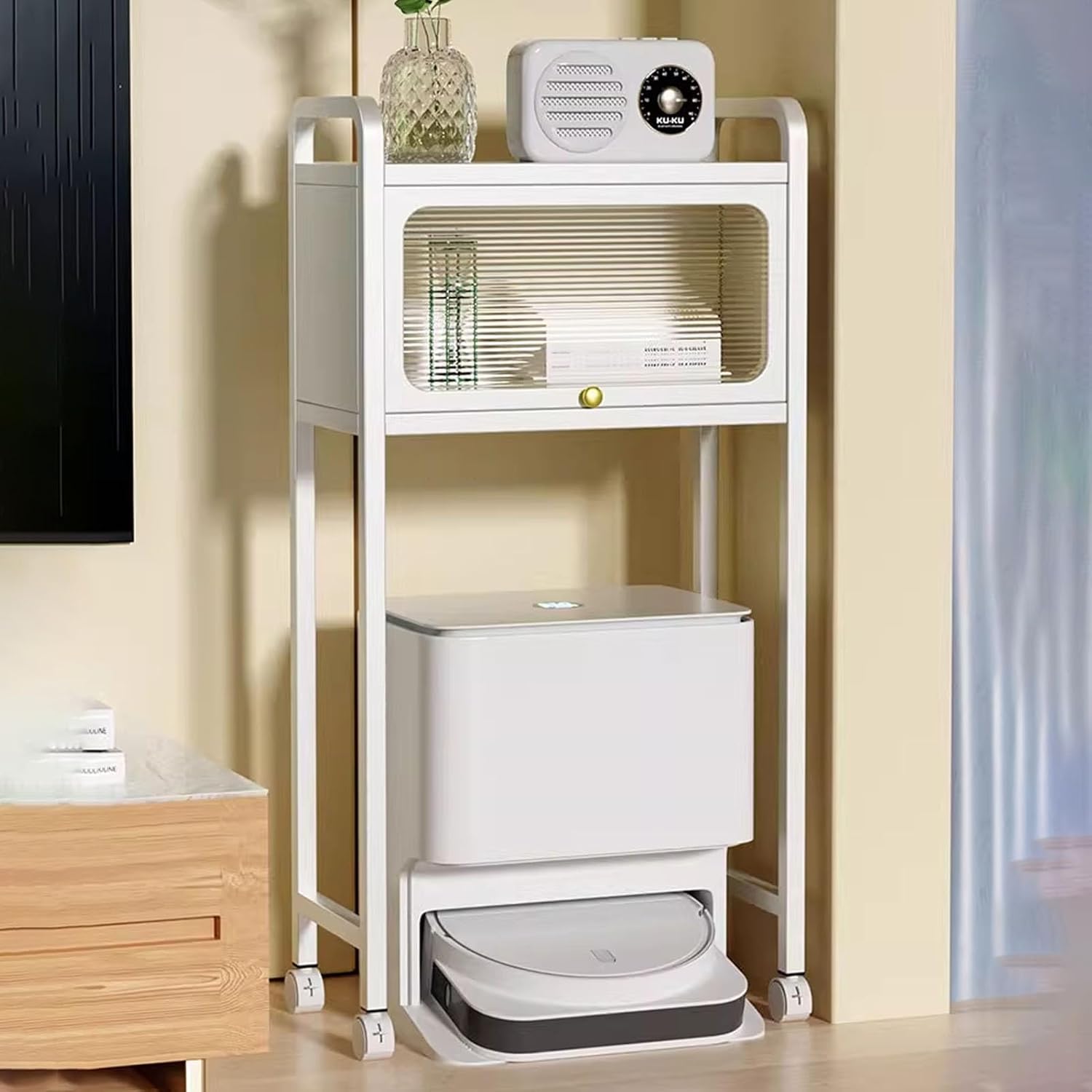 JKGHK Mobile Sweeping Robot Storage Rack, Robot Vacuum Stand with Storage Cabinet, Robots Shelf Multi-Functional End Table, Over The Water Dispenser Rack for Household
