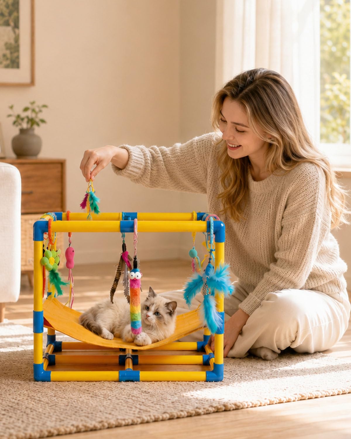 Gimnasio para Gatos con 10 Juguetes Interactivos Colgantes y Hamaca Cómoda | Centro de Actividades para Gatos de Interior, Estructura de PVC, 10 Cuerdas de Resorte, Parque de Juegos para Gatitos y Gatos