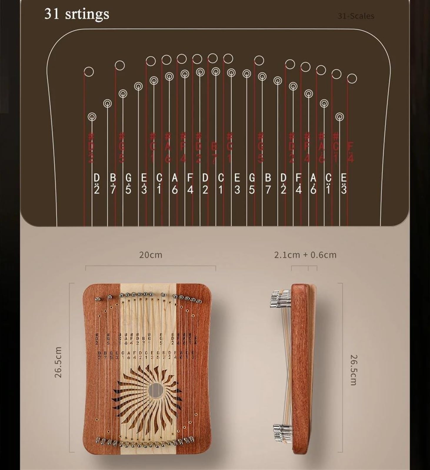 Erwachsene harfe 31 Saiten 17 Saiten Fingerharfe Holz Finger Lyra Anfänger Musikinstrument(31 sandal)