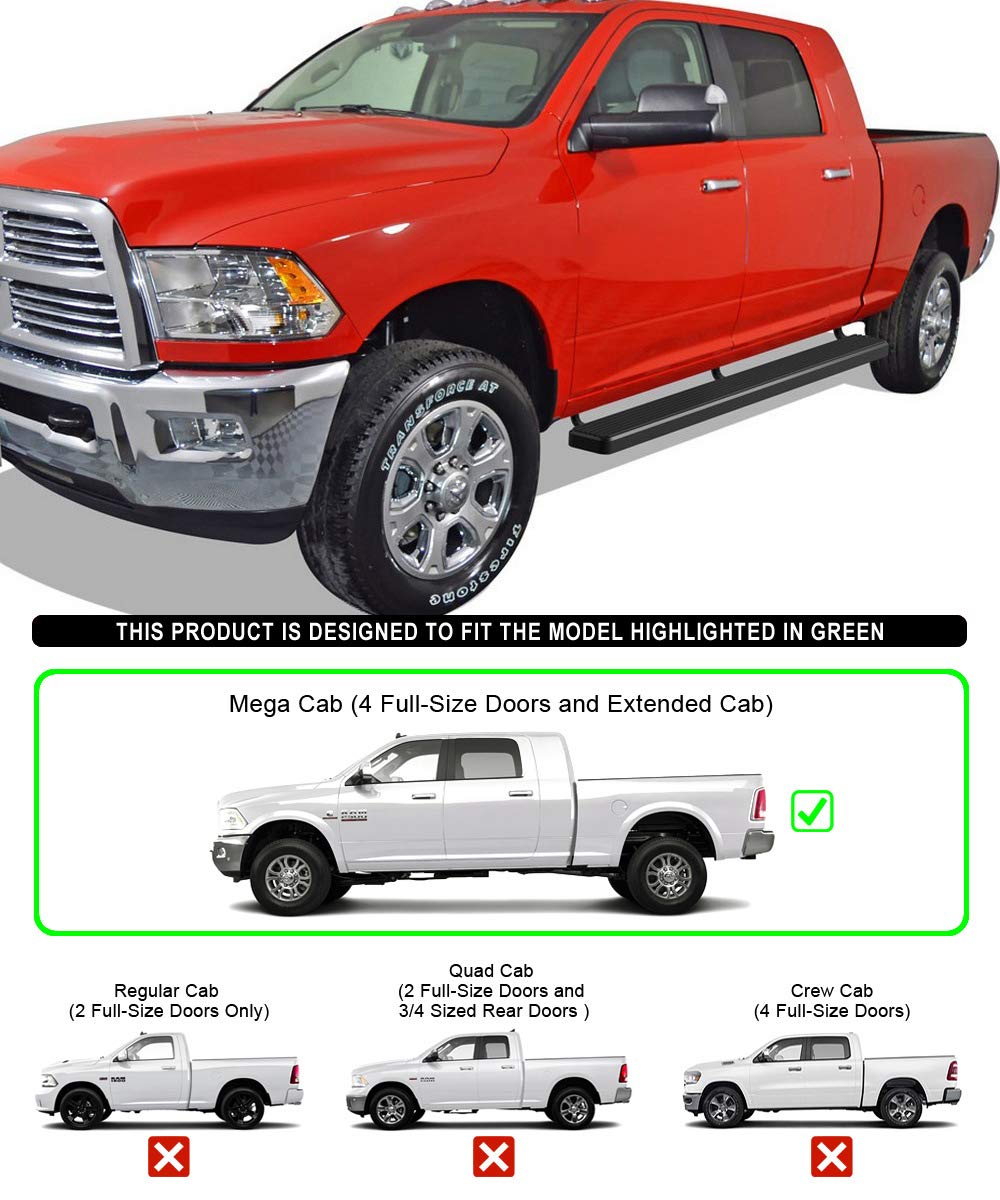 APS Running Boards 6-inch Matte Black Compatible with Ram 2500 3500 2010-2024 Mega Cab (Nerf Bars Side Steps Side Bars)(86in D2D Short Version)