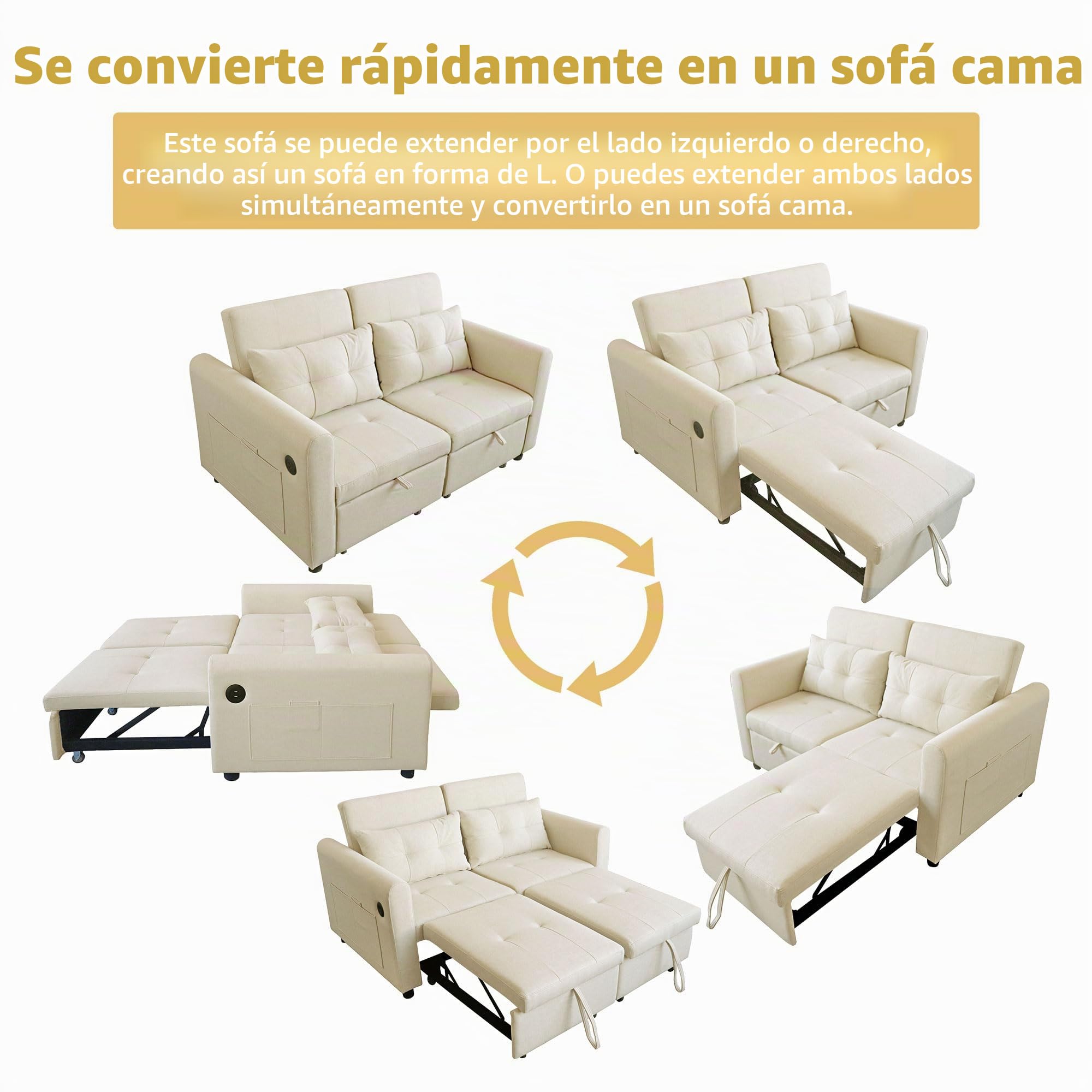 Azkoeesy Sofá Cama Extensible 3 en 1 de 2 plazas, sofá Plegable con Respaldo Ajustable y 2 Almohadas, Puerto USB, Bolsillo Lateral, para salón, Cine en casa, 142 x 83 x 85-172 cm, Tela de Lino, Beige