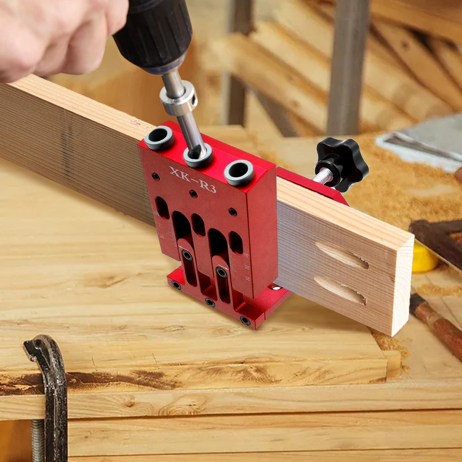Kit per fori tascabili, regolabile, con tre guide di perforazione per fori ad angolo di 15°, efficiente sistema di posizionamento per falegnami, giunti e professionisti della carpenteria (rosso)