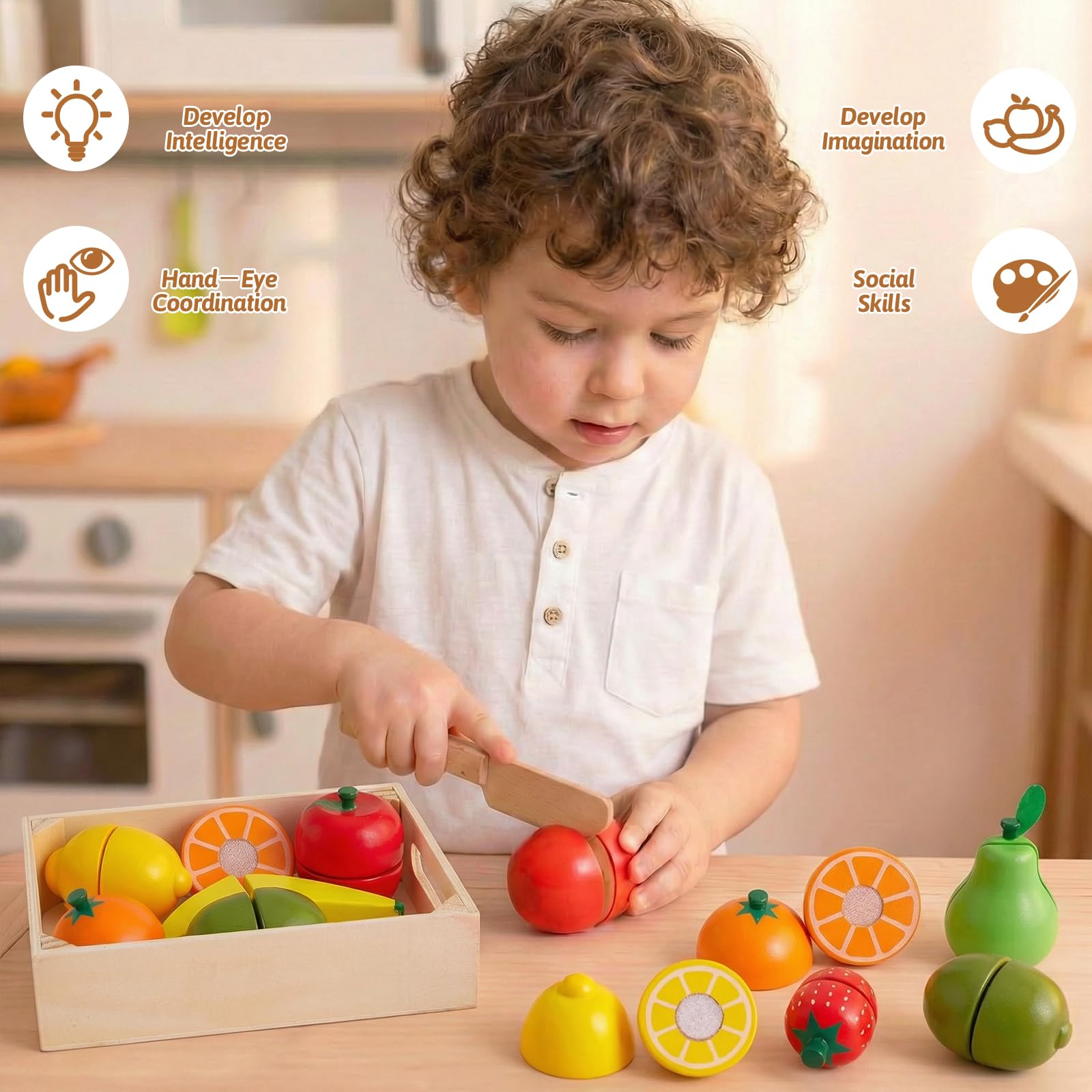 LINFUN KIDS Jouet Fruit en Bois à Découper Couper Accessoire Dinette Enfant, Nourriture Jeux de Rôle Ustensiles Cuisine Éducatif Cadeau pour Garçons Filles 2 3 4 5 Ans