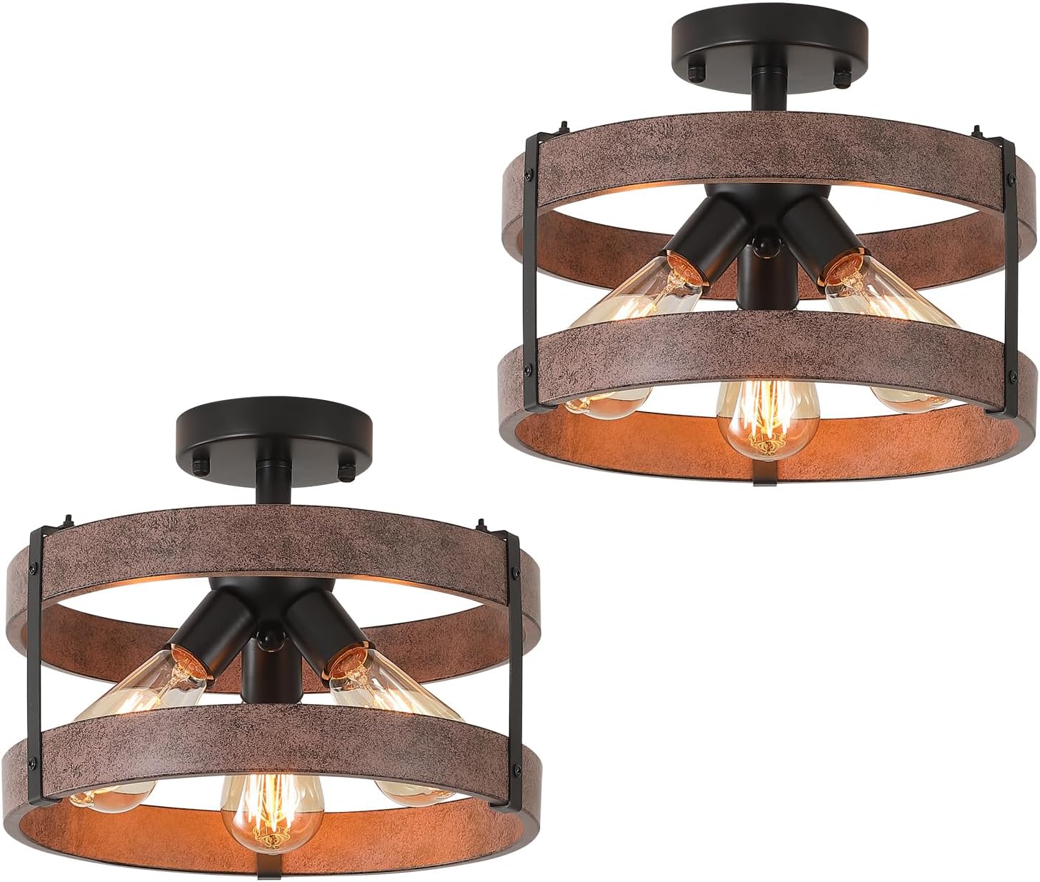 2 Pack 3-Light Rustic Farmhouse Metal Flush Mount Ceiling Light Fixture Antique Oak Round Drum Semi Flush Mount Ceiling Light for Hallway Hall Entry Bedroom Farmhouse Home, Black