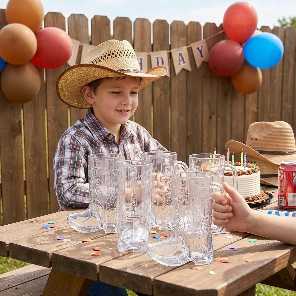 JoyServe Cowboy Boot Cups - (Bulk Pack of 12) 17oz Drink Mugs, Reusable BPA-Free Plastic Drinking Mug Cups for Kids, Western Themed Rodeo Birthday Party Decorations and Supplies