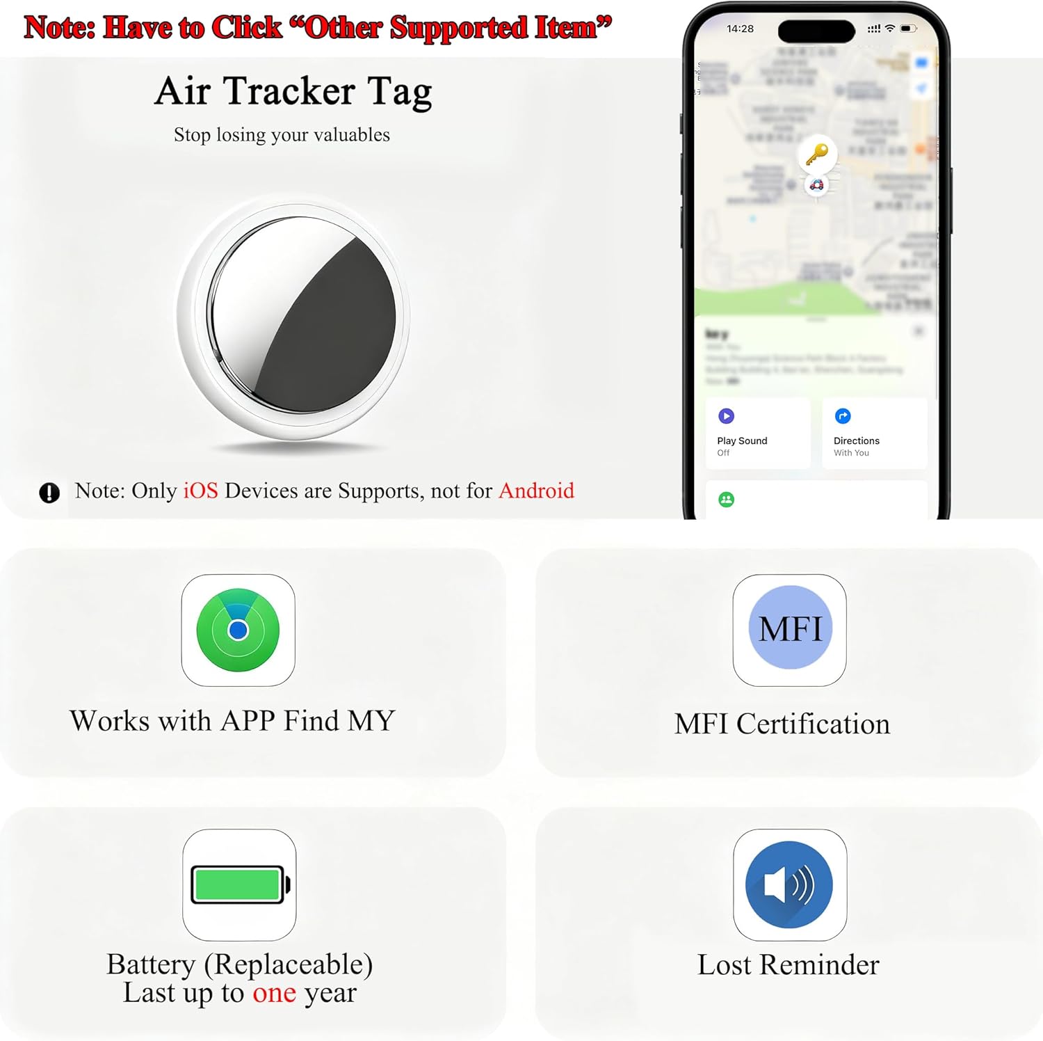 Air Tracker Tags - 2 Pack, Bluetooth Tracker for iPhone ipad Find My(iOS Only),Key Item Finder Locator with Sound, Smart Luggage Tag for Suitcases Keys/Bags/Pets/Wallet/Backpack,Battery Replaceable
