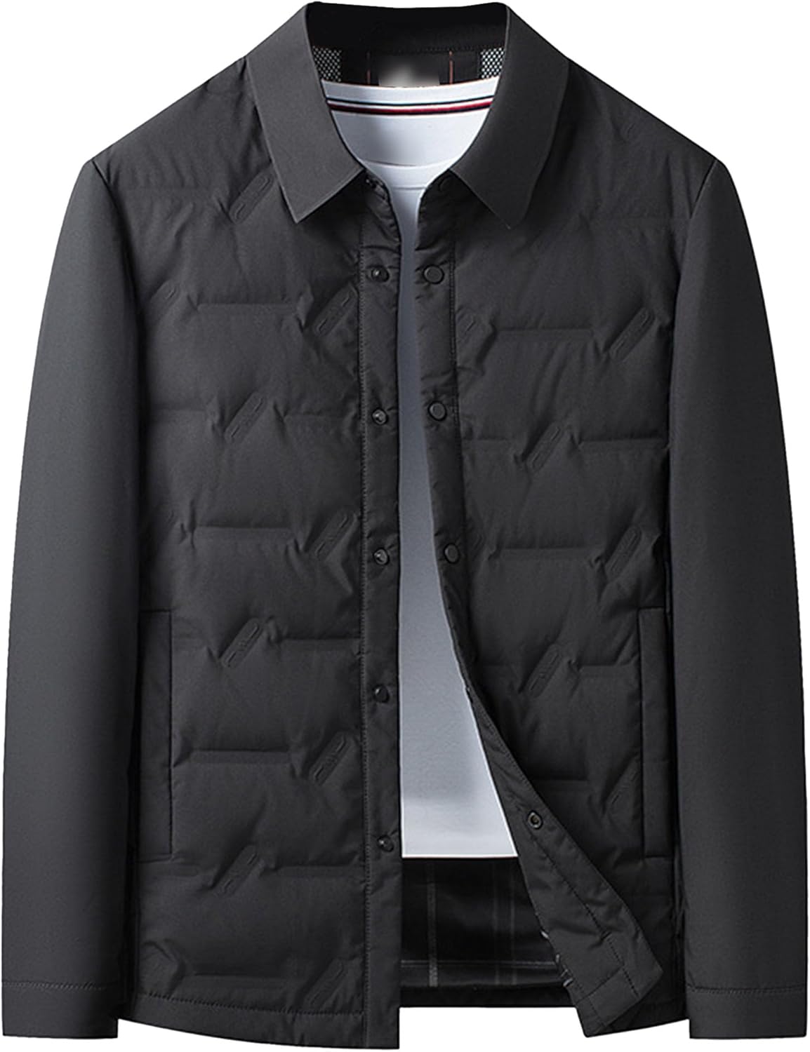 Men's Lapel Down Jacket Casual Lightweight Puffer Solid Color Winter Warm Puffy Slim Fit Snap Coat