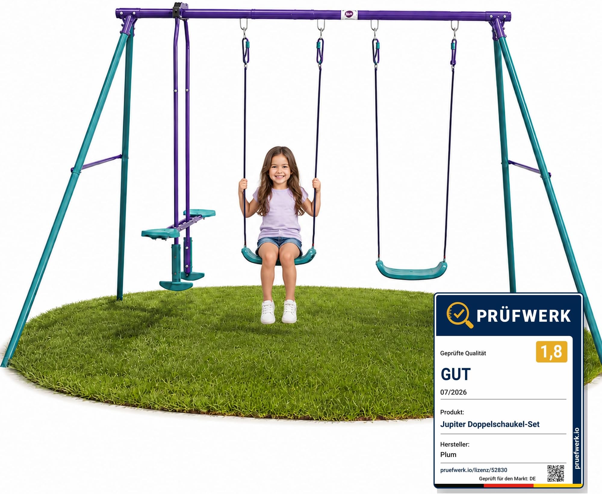 Plum Play Jupiter Double Swing with Glider Set, Easy to Assemble Sturdy Metal Frame with 50kg Maximum Weight Capacity Per Swing, Outdoor Toy Suitable for Children Aged 3 years and Above