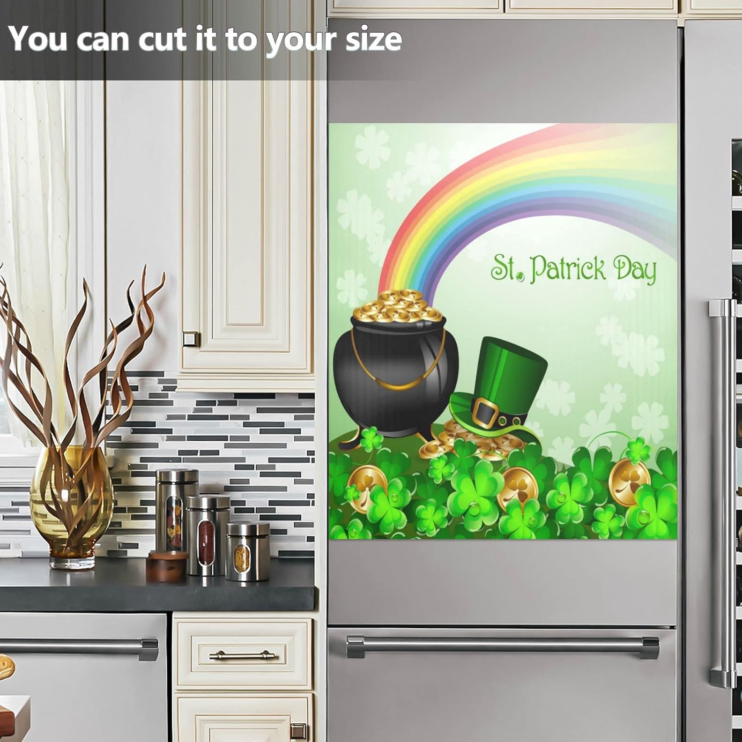 Clovers Gold Coin Pot Dishwasher Magnet Cover Front Door St Patrick's Day Rainbow Decorative Refrigerator Covers Magnetic Sheet Sticker Wash Machine Fridge Panel Decal for Kitchen Appliance 23x26 in