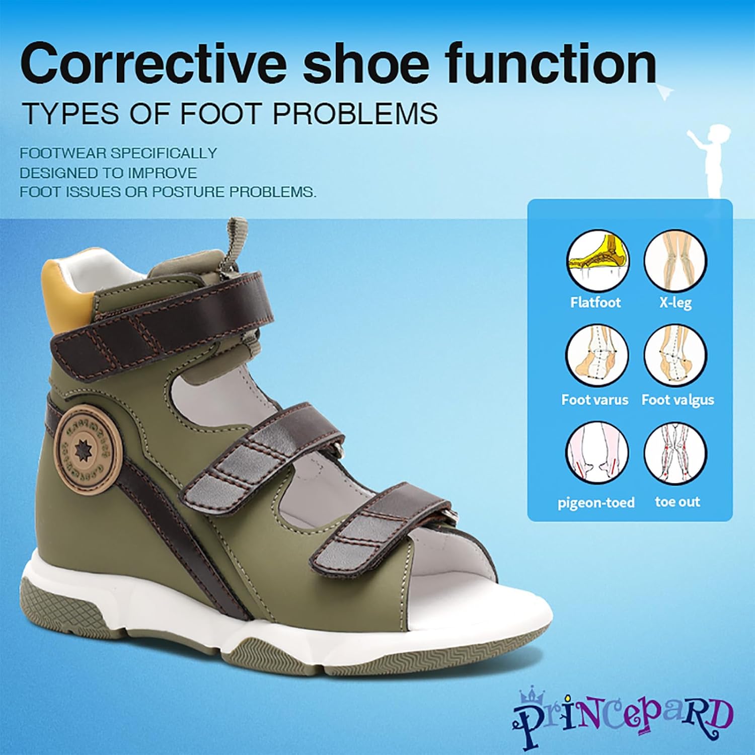 princepard Toddlers Orthopedic Sandals with Arch and Ankle Support,High-top Corrective Shoes for Kids