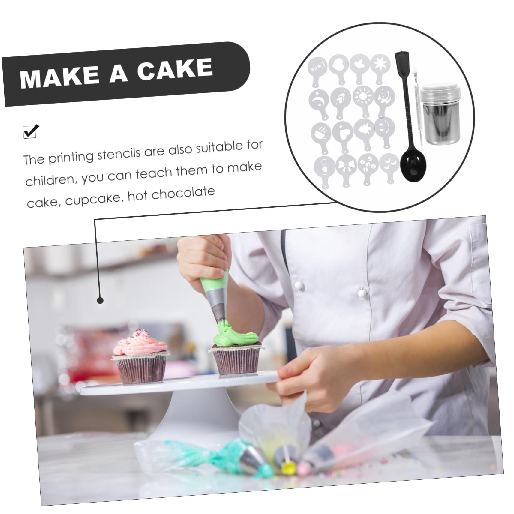 Unomor Latte Art Stencil Kit 16 Coffee Decorative Molds Stainless Steel Powder Shaker and Measuring Spoon