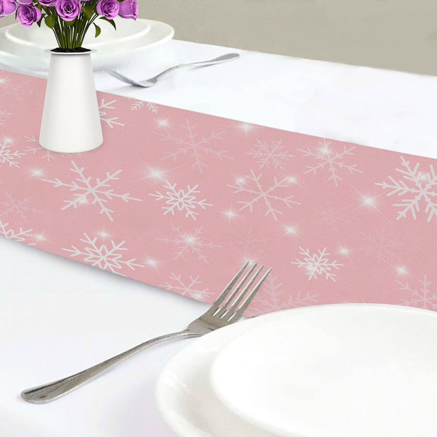 White Snowflakes Table Runner 90 Inches Pink Christmas