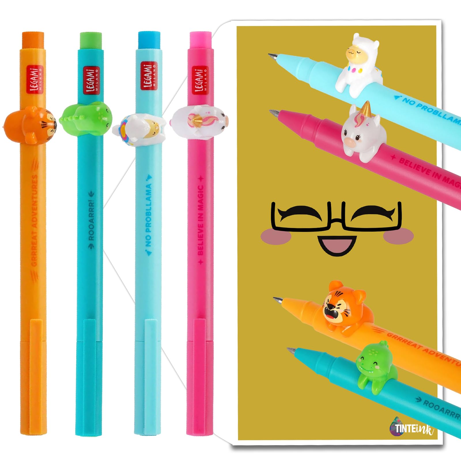 Legami Lovely Friends Gel Pens Choose 4 Set Including Gift Envelope! - Choose Cute Design! (Unicorn, Dino, Tiger & Llama Set)