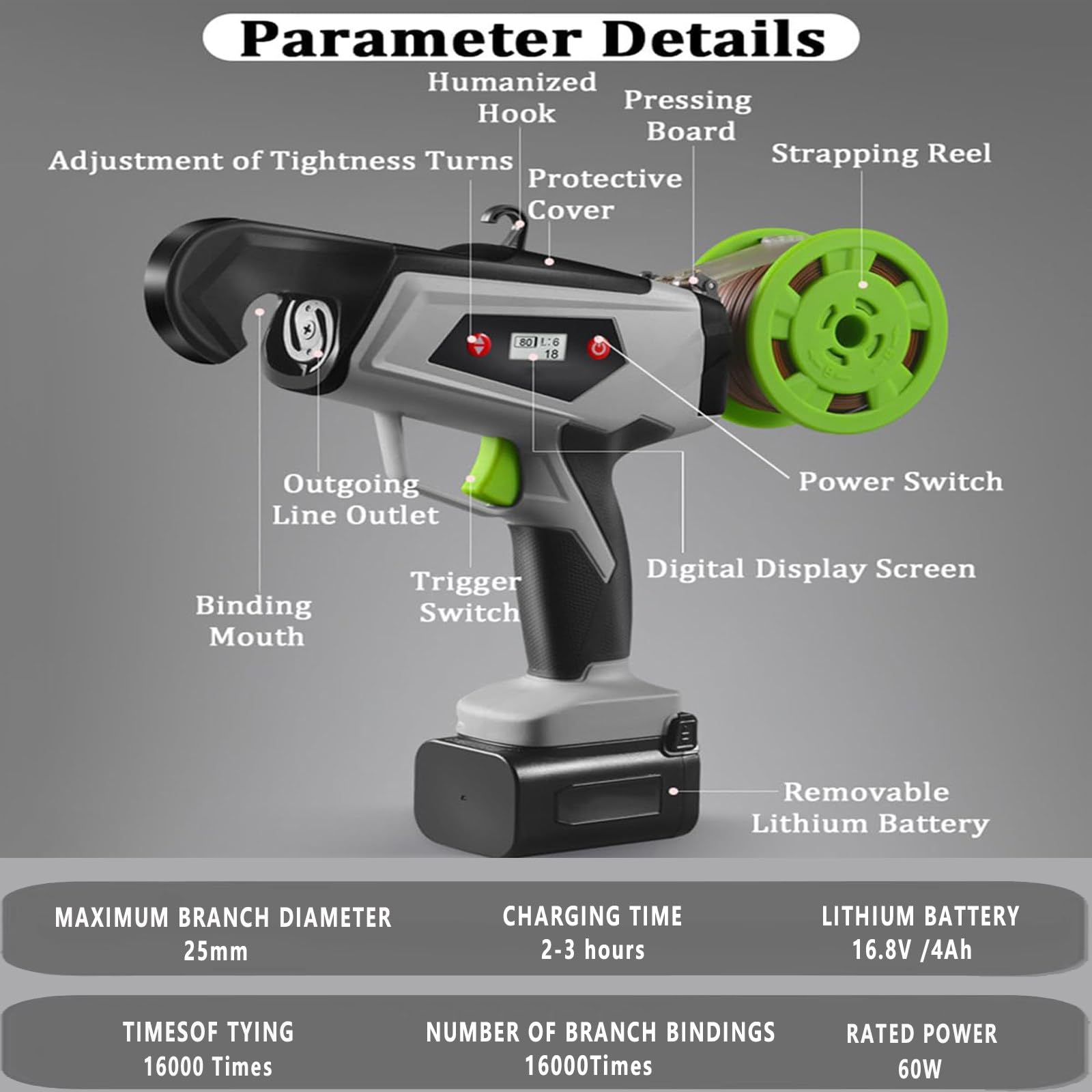 Herramienta automática para atar plantas con correas ajustables y pantalla digital para soporte de vid en jardines, ideal para uvas, pepinos, tomates y pimientos