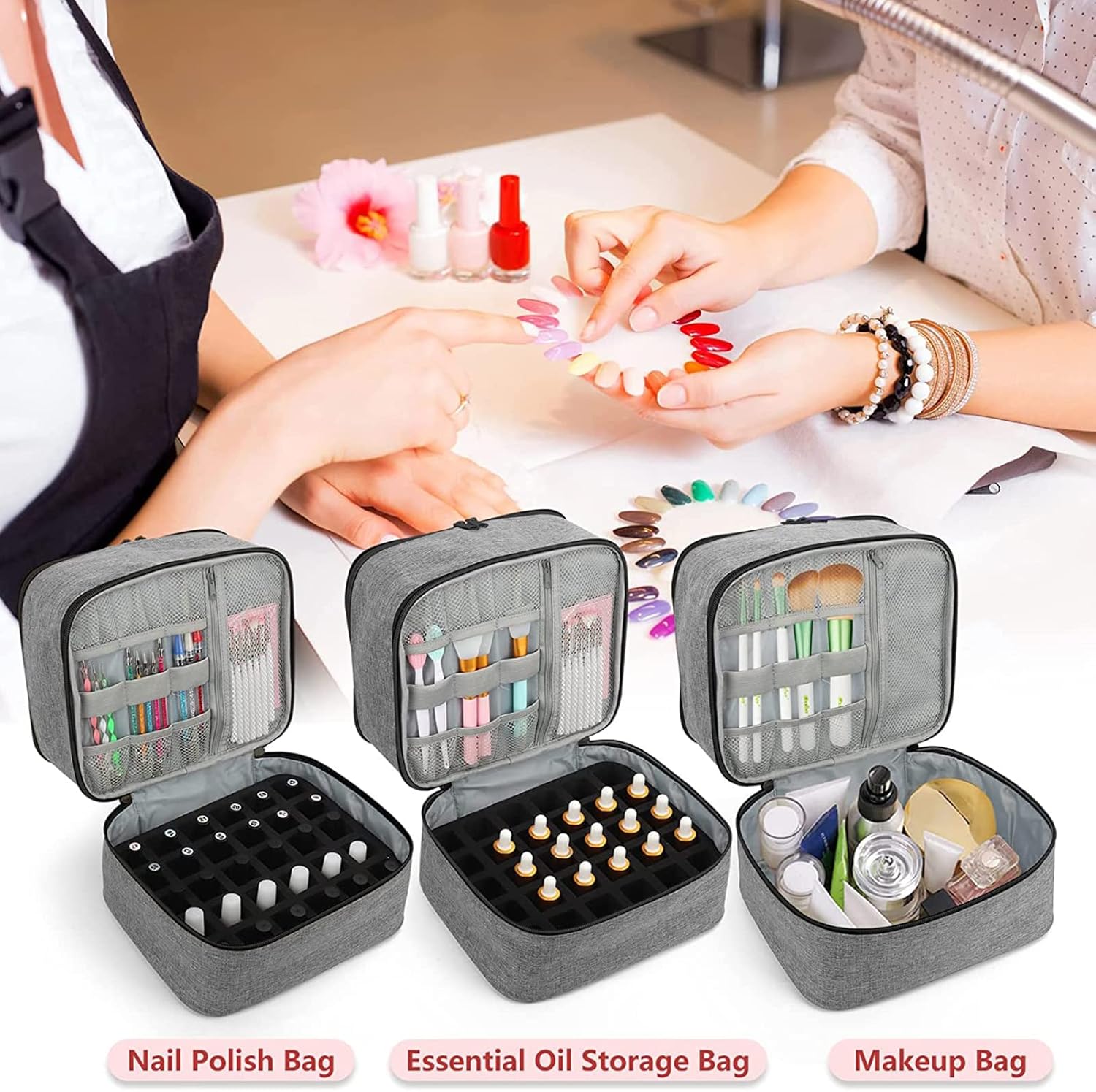 Storage Bag Nail Polish Carrying Case Holds 30 Bottles Double Layer Nail Polish Storage Organizer Travel Case Bag for Manicure Set, 20x25x19cm, Grey
