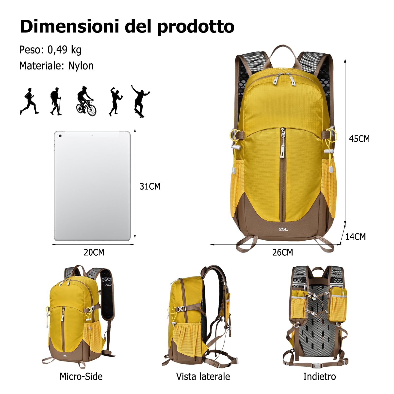 25L Zaino da Escursionismo Zaino Outdoor Impermeabile Sistema Dorsale Traspirante Zaini per Viaggi Camping Uso Quotidianoa Giallo