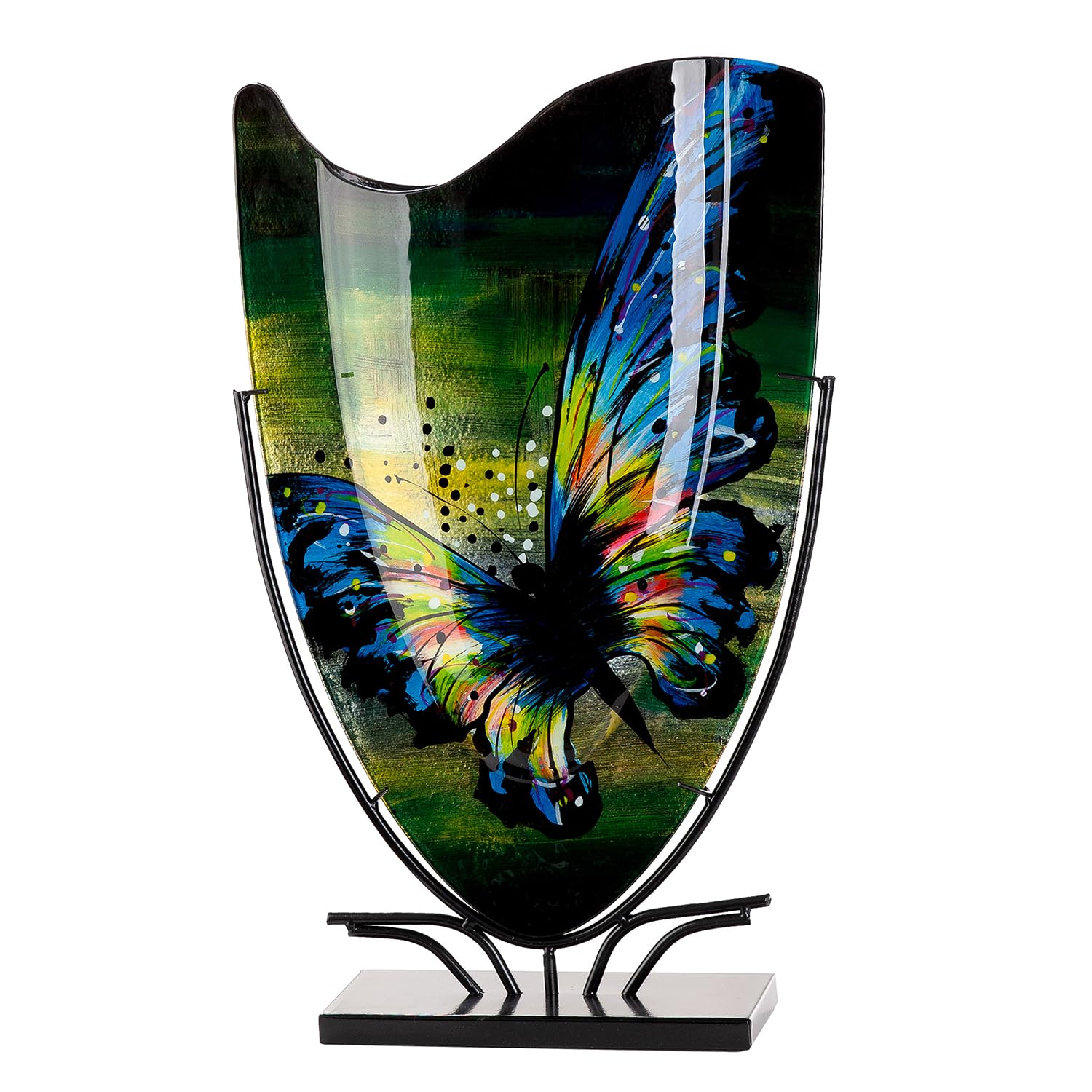 Glass Art Floor Vase Butterfly - Glass - Blue Green - Height 57 cm x Width 35 cm - Hand-Painted and Not Waterproof