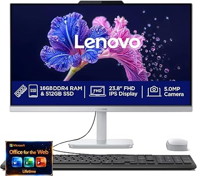 كمبيوتر سطح مكتب لينوفو 24 بوصة FHD الكل في واحد - 16 جيجابايت رام - 512 جيجابايت SSD - Intel 13th 8 Cores i3 CPU Beat 11th i5 - لوحة المفاتيح والماوس - Windows 11 - Office 365 للويب